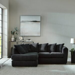 Round arm grey left hand grey jumbo cord sofa