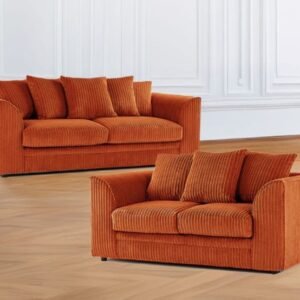 Jumbo cord 3+2 seater orange scatter back sofa