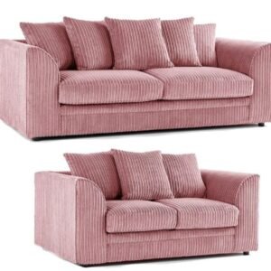 Jumbo Cord 3+2 seater pink scatter back sofa